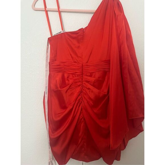 Mac Duggal Satin One Shoulder Long Sleeve Draped Back Tulip Hem Mini Dress NEW N - Picture 8 of 8